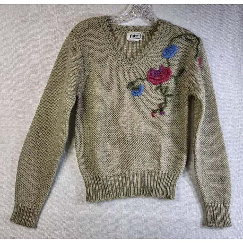 Vtg Fritzi Women's Sweater Sz Large Cream Beige Knit Embroidered Flowers Beads